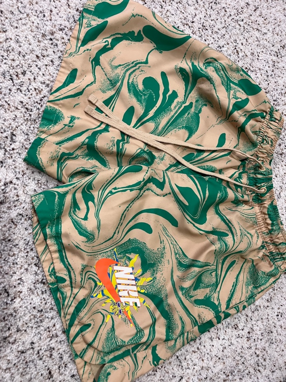 Nike Tan and Green Marble-Print Swim Shorts with Multicolor Swoosh